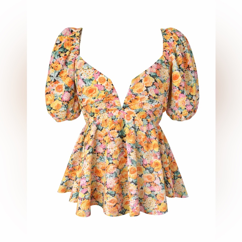 BuddyLove Floral Babydoll Peplum Top‎ Puff Sleeve Cottagecore Medium